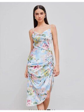 NWT Cider Illusion Floral Ruched Cowl Neck Midi Dress XL  Asymmetrical Slit